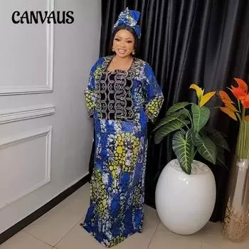 Платье большого размера для женщин с принтом Hot Drill Color с платком на голове L синий