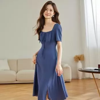 Платье большого размера для женщин, новое летнее платье с квадратным воротником и короткими рукавами и глубоким разрезом 2XL синий