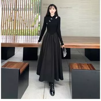 Платье большого размера fat mm с длинными рукавами для женщин на осень и зиму, новое французское премиум-платье в стиле Хепберн, черное, с длинной талией S красный