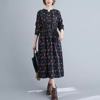 Платье большого размера из хлопка и льна с цветочным принтом, осеннее, со шнуровкой на талии, утягивающее, художественное, длинное, для женщин, базовые платья M