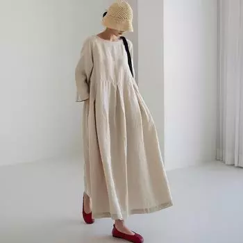 «Платье большого размера из хлопка и льна свободного покроя — в японском/корейском стиле, с круглым вырезом, длиной до колена, однотонное, с юбкой-крылышками» L абрикосовый