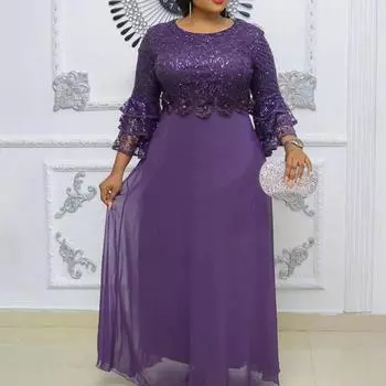 Платье большого размера Очаровательное платье трапециевидной формы со скрытой молнией Макси-платье Вышивка Кружевное шифоновое струящееся подол Лоскутное платье Длинное платье больших размеров Вечернее платье 3XL фиолетовый