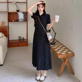 Платье большого размера с цветочным принтом для французского кофе-брейка, женское, летнее, слегка полноватое, мм, корейская тонкая юбка Platycodon в стиле Хепберн с талией S чёрный