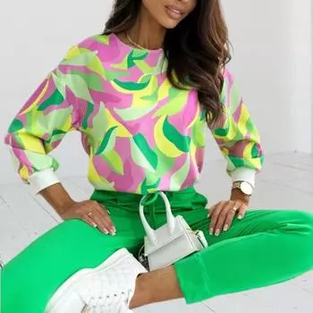 Платье большого размера с круглым вырезом, длинным рукавом с принтом, пуловер, против морщин, полиэстер, женский, с длинным рукавом, TopLife XL розовый