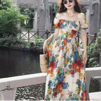 Платье большого размера с принтом в стиле ретро с масляной живописью для женщин, длинное платье на одно плечо 2XL