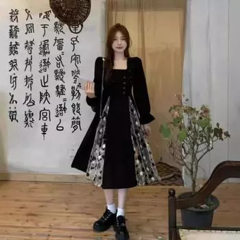 Платье большого размера с сеткой MM с квадратным вырезом 2024 года, начало осени, новый дизайн, тонкое маленькое черное платье M чёрный