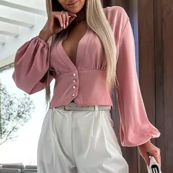 Платье большого размера с v-образным вырезом и длинными однотонными рукавами, облегающая дышащая женская блузка из дышащего полиэстера, повседневная деловая рабочая блузка L розовый