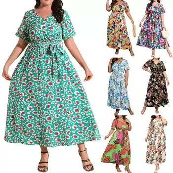 Платье большого размера с V-образным вырезом, женское, с эластичной талией, коротким рукавом, с принтом, длинная юбка XXXXL красный