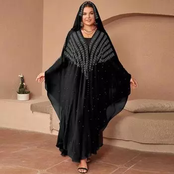 Платье большого размера со стразами и рукавами «летучая мышь» с платком на голове — женское платье в стиле Ближнего Востока и Дубая One Size чёрный