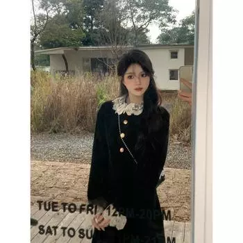 Платье большого размера в стиле Хепберн из черного бархата для женщин на осень и зиму, для полных и тонких, французское, маленькое, ароматное, длинное M [80-50kg]