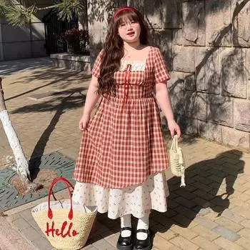 Платье большого размера в студенческом стиле, французское, с милым характером, имитация двух частей, женское летнее приталенное клетчатое платье L