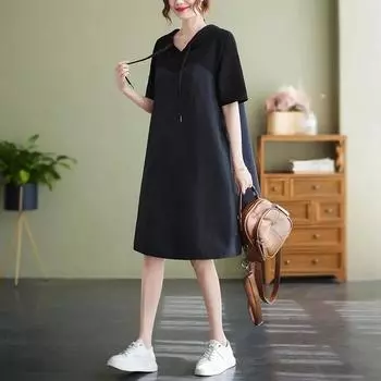 Платье большого размера, женское летнее хлопковое свободное облегающее платье, повседневная толстовка с капюшоном, длинная юбка L