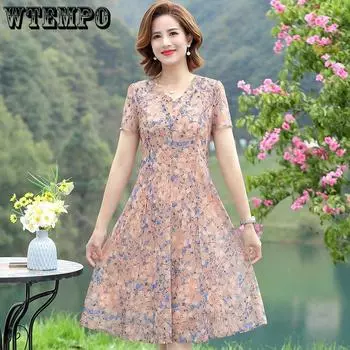 Платье большого размера, женское свободное платье с короткими рукавами, летнее сетчатое дышащее платье, платье трапециевидной формы с принтом средней длины L абрикосовый