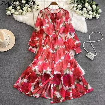 Платье-бретелька для отдыха, темперамент, шифон с цветочным принтом, Vestidos, женский халат с бандажным принтом, корейский повседневный офисный женский халат, Ropa Mujer XL красный