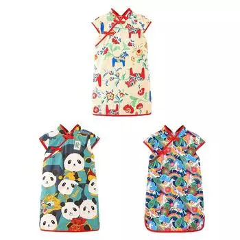 Платье Cheongsam без рукавов в китайском стиле для маленьких девочек с мультяшным принтом 90