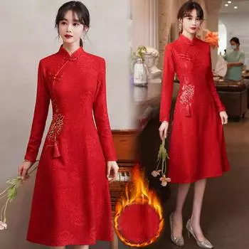 Платье Cheongsam большого размера Китайское красное платье Cheongsam больших размеров M красный