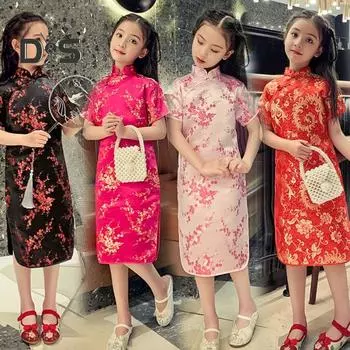Платье Cheongsam для девочек, маленькое зимнее платье с цветочным рисунком и короткими рукавами, воротник-стойка на молнии, винтажное детское длинное платье миди Ципао в китайском стиле на Новый год, принцесса 110 cm красный