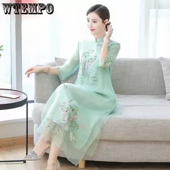 Платье Cheongsam, летнее длинное платье с вышивкой, этнический ветер, большие размеры, женские модные элегантные платья M розовый