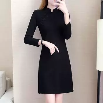 Платье Cheongsam с длинным рукавом, свободное черное женское платье в стиле ретро 2XL чёрный