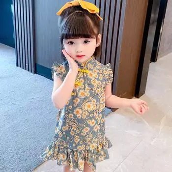 Платье Cheongsam в китайском стиле для девочек в стиле ретро, детское платье принцессы без рукавов 90cm красный