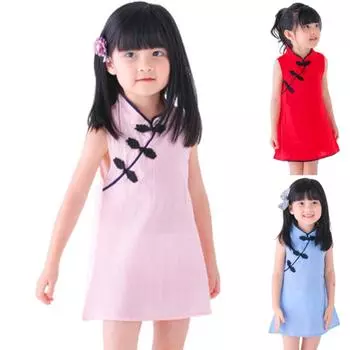 Платье Cheongsam в китайском стиле для девочек, летнее хлопковое винтажное платье без рукавов с 3 китайскими узлами для