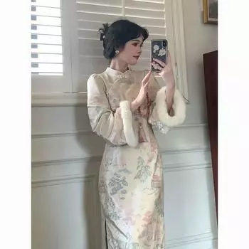 Платье Cheongsam в китайском стиле, осеннее и зимнее теплое бархатное утолщенное платье с необработанными краями и принтом 2XL бежевый