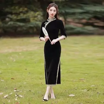 Платье Cheongsam в китайском стиле с длинными рукавами, темпераментное длинное платье в стиле ретро XL слоновая кость