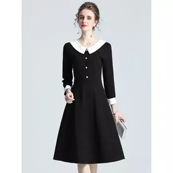 Платье черное в стиле Хепберн с кукольным воротником, женское, весна 2025, новинка, приталенное, стройнящее, черное платье средней длины, платье длинное Black 2XL