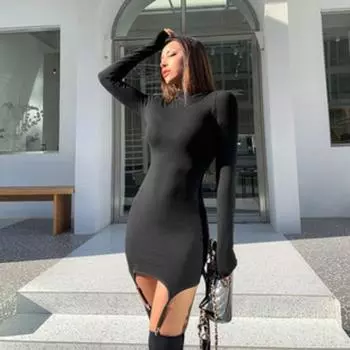 Платье + чулки, комплект из 2 предметов, готический, темный, Y2k, однотонное базовое платье с длинными рукавами, сексуальное платье с пряжкой и длинными рукавами S чёрный