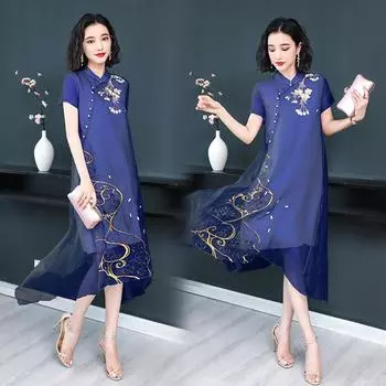Платье Ципао в китайском стиле, темперамент, элегантная юбка в стиле ретро, шелковое платье, шелк S