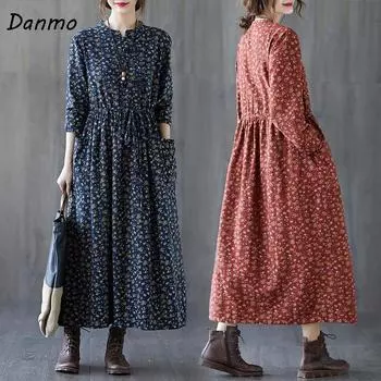 Платье Danmo с длинным рукавом, осеннее платье с цветочным принтом, шикарное платье-блузка в стиле прерий, большие размеры, женское повседневное весеннее платье миди XXL