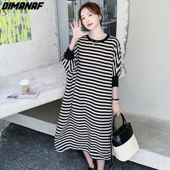 Платье DIMANAF женское, новинка 2023 года, в полоску, летний стиль, с коротким рукавом, вязаное хлопковое платье оверсайз с круглым вырезом, свободные черно-белые базовые платья