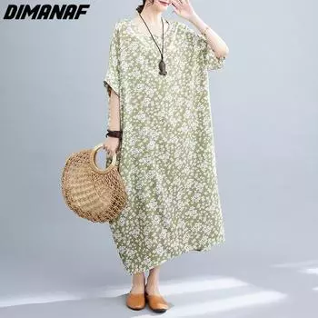 Платье DIMANAF женское, новинка 2023 года, льняное летнее стильное платье макси с круглым вырезом и цветочным принтом, свободные базовые платья оверсайз с круглым вырезом