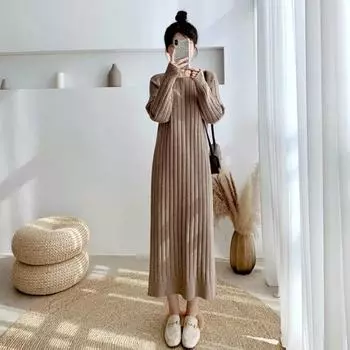 Платье длинное шерстяное платье длиной до колена для женщин 2023, осень и зима, свободный низ, однотонное трикотажное женское платье с длинными рукавами One Size чёрный