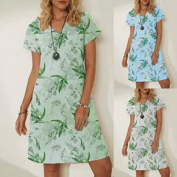 Платье длиной до колена для женщин, летнее платье-рубашка, сарафан с короткими рукавами и v-образным вырезом, модное пляжное платье с принтом, свободный крой L зелёный