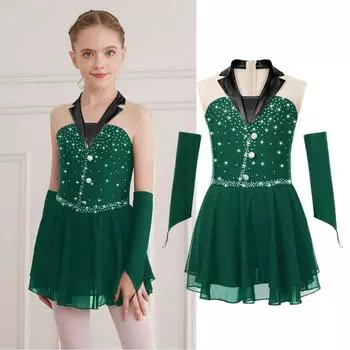 Платье для бальных танцев для девочек-подростков, шифоновая фатиновая танцевальная одежда для танго, румбы, самбы, нарядный костюм для катания на коньках (платье+перчатки) 5-6 Years чёрный