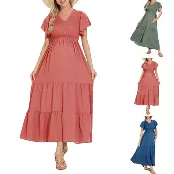 Платье для беременных для женщин, свободное свободное платье с короткими рукавами и V-образным вырезом L