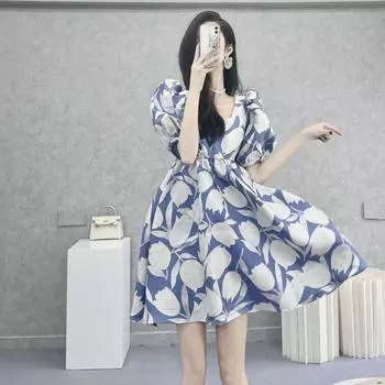 Платье для беременных с цветочным принтом и рукавами-фонариками 2023 года во французском стиле: Сладкая летняя элегантность M (suggested for 85-105 lbs)