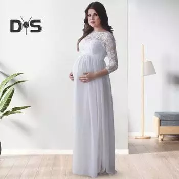 Платье для беременных женщин с кружевом, ажурной цветочной вышивкой, круглым вырезом, длинными рукавами, плиссированным макси-платьем для свадебной вечеринки, выпускного вечера, фотореквизита S белый