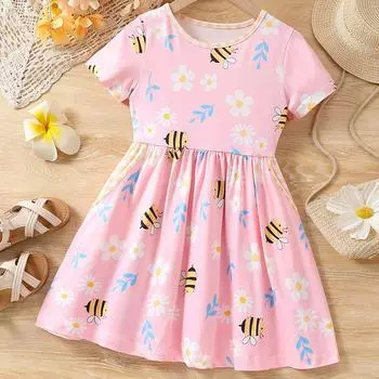 Платье для детей 1-8 лет с коротким рукавом, цветочным принтом, пчелой, на день рождения, принцесса, платья с карманом, для девочек 90(1-2Y)
