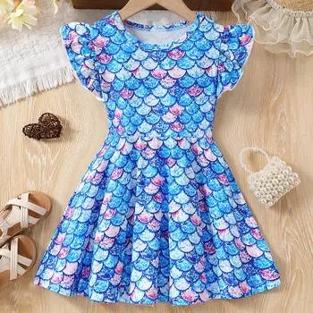 Платье для детей 1-8 лет, для девочек на день рождения, модное платье с оборками на рукавах и принтом русалки, милые платья принцессы 90(1-2Y)