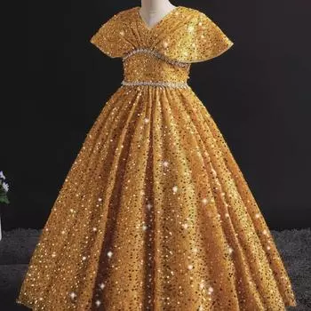 «Платье для детей старшего возраста с рукавами-лотосами, пайетками и блестками» 140cm золотой