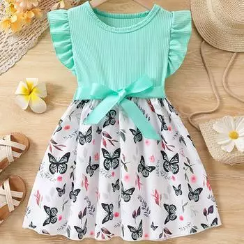 Платье для девочек 1-8 лет на день рождения в корейском стиле, модное, с оборками на рукавах, с бабочками, цветочным принтом, милые платья принцессы с поясом 90(1-2Y)