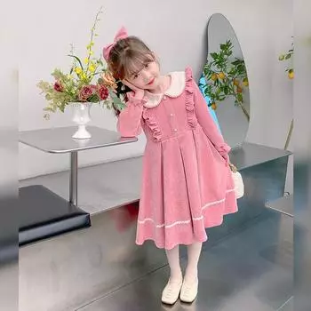 Платье для девочек 2024 года, новое осеннее платье в иностранном стиле для девочек, осенне-зимнее платье принцессы, осенняя детская бархатная юбка 100cm розовый