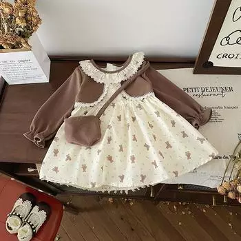Платье для девочек 2024 года, осеннее милое платье в западном стиле с цветочным принтом 120cm бежевый