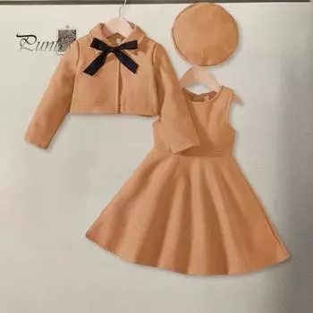 Платье для девочек, 4 шт./компл., куртка-берет, шапка с лентой и бантом, осень-зима, однотонное, с отложным воротником, короткое пальто, платье без рукавов с круглым вырезом, трапециевидное платье с рюшами по подолу 110cm зелёный