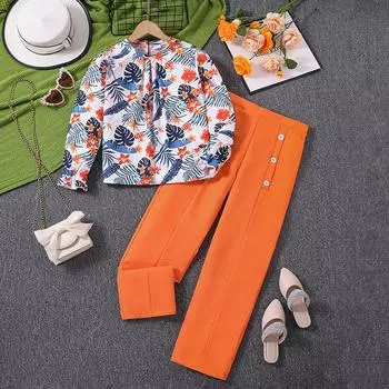 Платье для девочек 6-12 лет, осенний костюм, новый топ с длинными рукавами и брюками с принтом роз, костюм для девочек 130cm/8Y красный