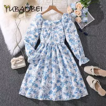 Платье для девочек 6-12 лет, весенне-осенняя детская одежда с длинными рукавами, модные платья принцессы с квадратным воротником и принтом 10Y синий