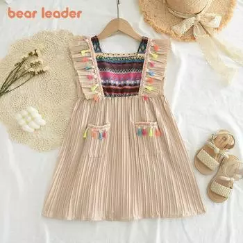 Платье для девочек Bear Leader 3-7 лет, платья цвета хаки с принтом и бахромой AZ4428 3T