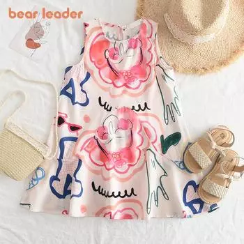 Платье для девочек Bear Leader, новые красочные детские платья, модная повседневная детская одежда без рукавов с узором AH9328 7T